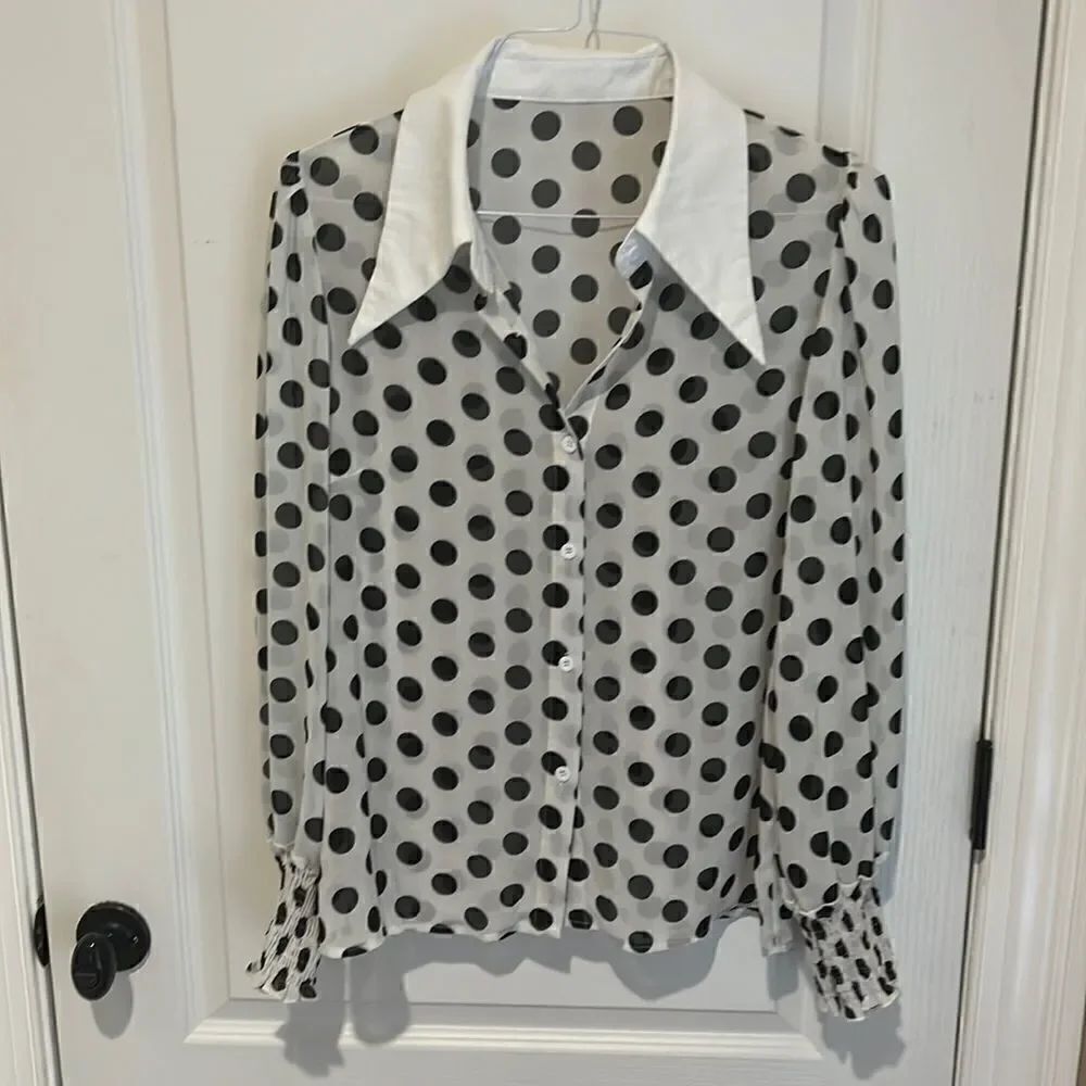 New Sheer Polka Dot Blouse with White Collar and Ruched sleeves